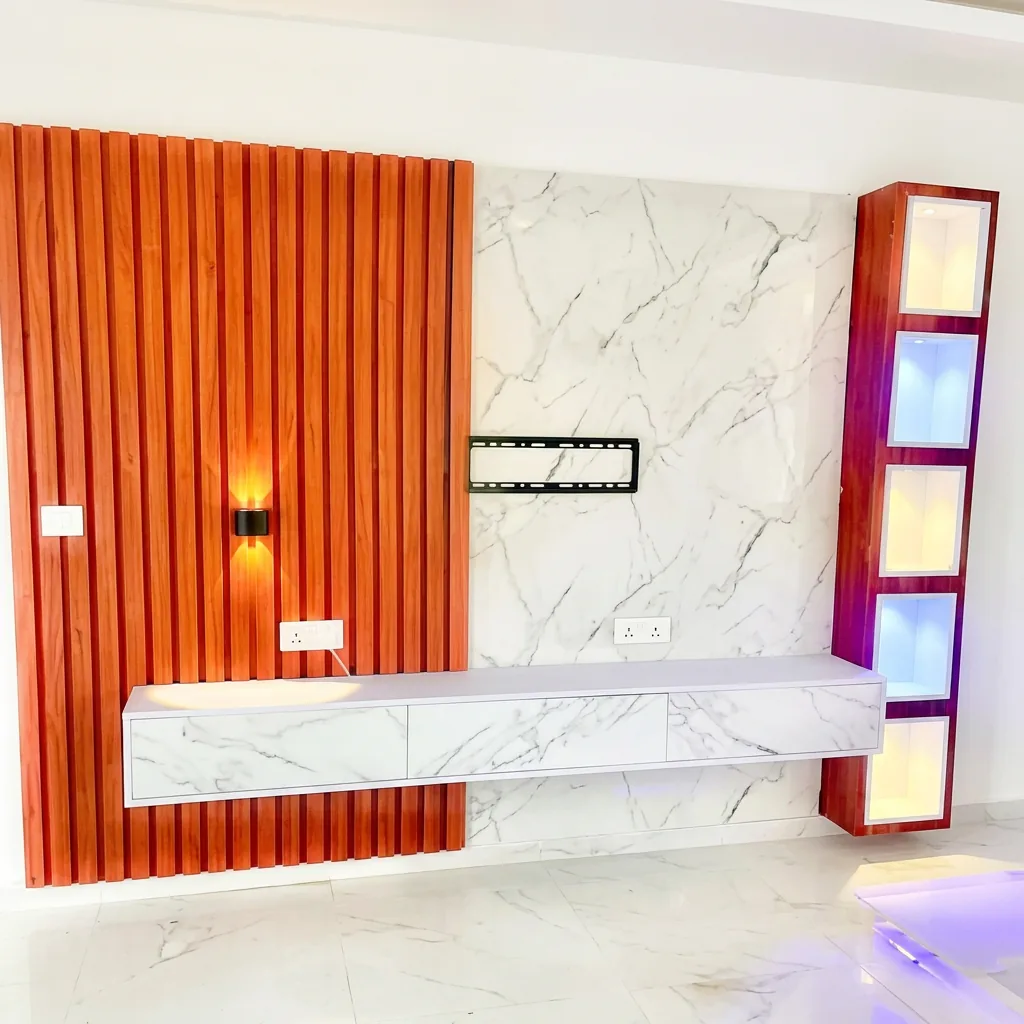 Cedar Slat & Marble TV Wall — TV Units